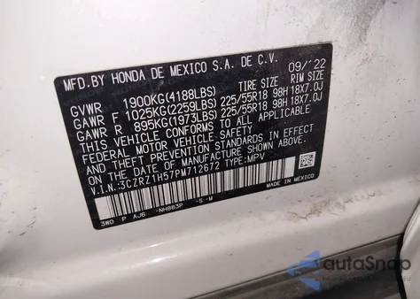 2023 Honda Hr-V 2Wd Sport z USA, uszkodzony, nr VIN 3CZRZ1H57PM712672